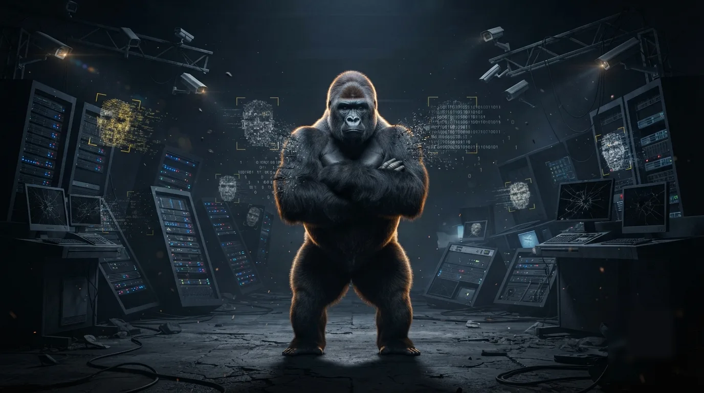 A silverback gorilla stands with arms crossed, immovable, in a dark server room ringed by CCTV cameras, cracked monitors and streams of data, lit by warm gold.